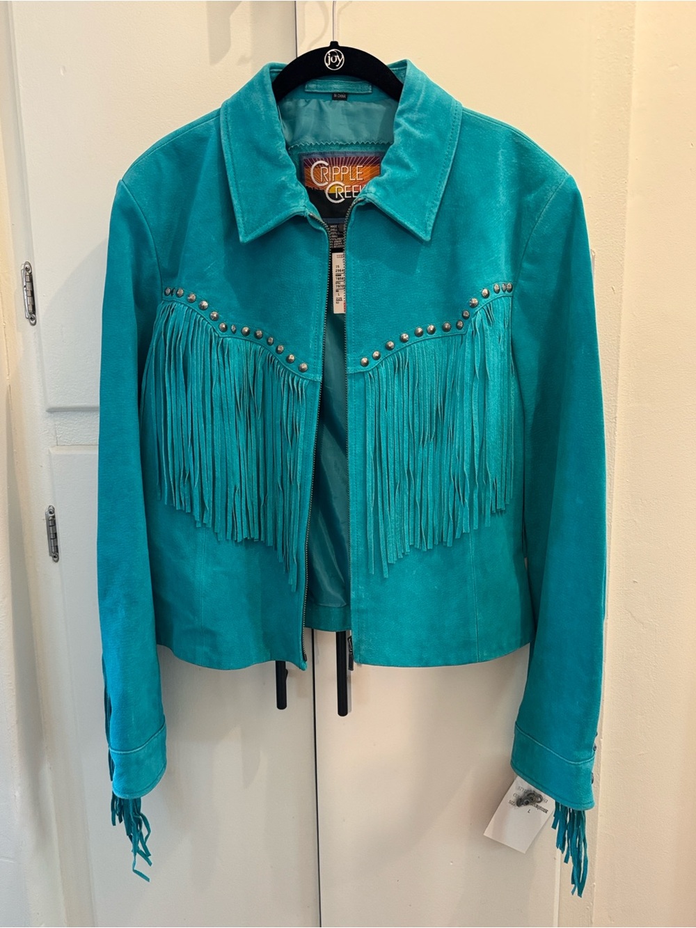 Cripple Creek Women's Turquoise Suede Fringe Leather Jacket